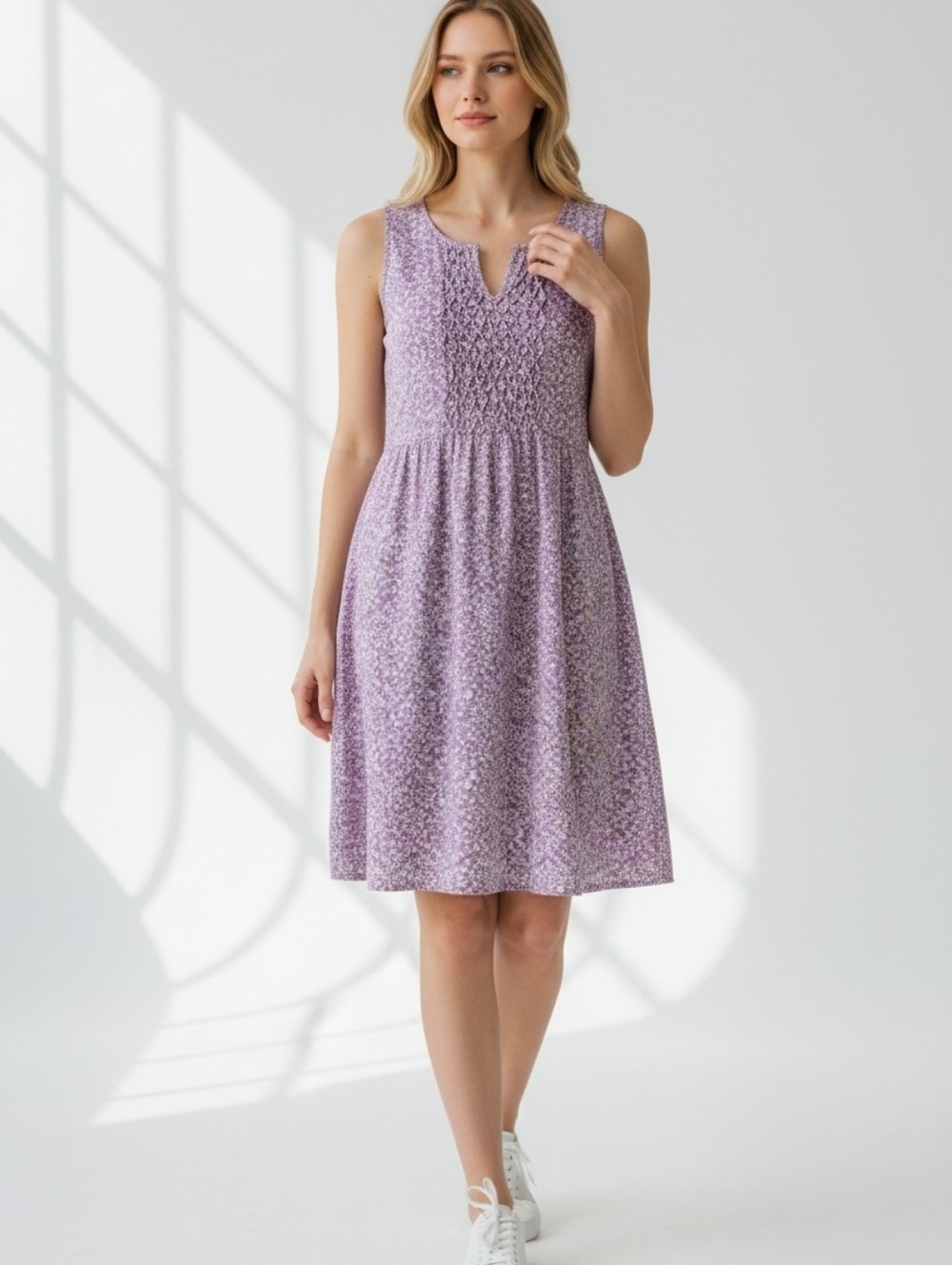 April Cornell Dress Lilac White Ditsy Floral Print L Smocked Front Knee Length